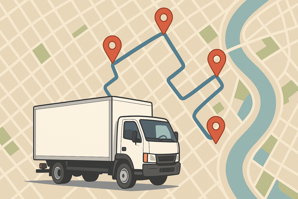 Delivery truck with a route map in the background