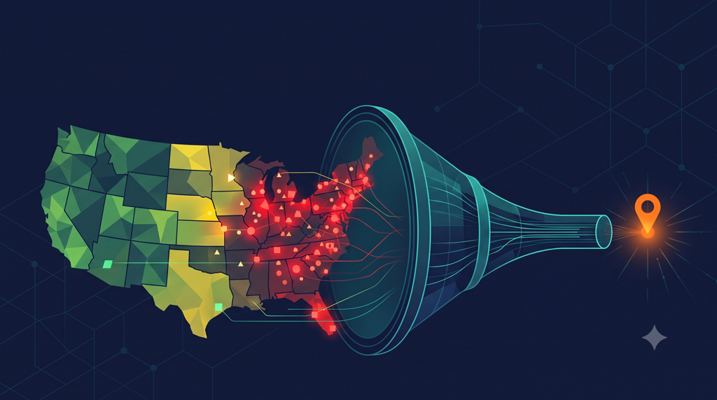 A map with prospects clustered into scored sales zones